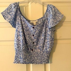 Off the shoulder crop top, blue with white flowers